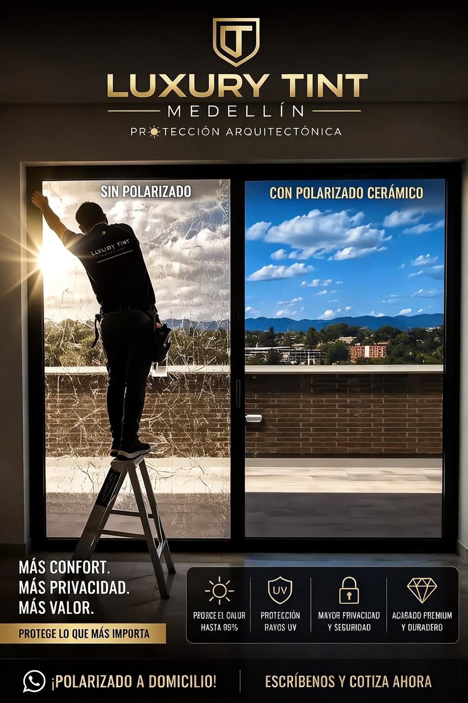 Polarizado arquitectónico nanocerámico LuxuryTint Medellín con protección solar, privacidad y confort térmico.